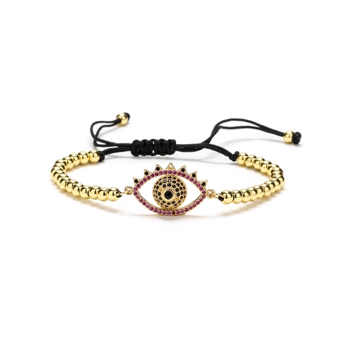 Evil Eye Armband Kupfer Micro Pave Zirkonia Verstellbares Gewebtes Seil Perlen Schmuck