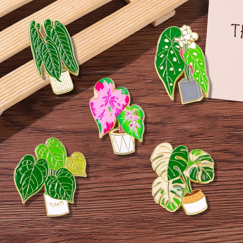 Cartoon Potplant Emaille Pin Origineel Ontwerp Legering Drup-olie Monstera Blad Broche Voor Truien Jassen Tassen Unisex Sieraden