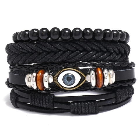 Bracciali In Pelle Intrecciata Retro Ciondolo Occhio Di Malocchio Perline Di Legno Corda Intrecciata Gioielli Punk Regolabili Per Uomini Donne