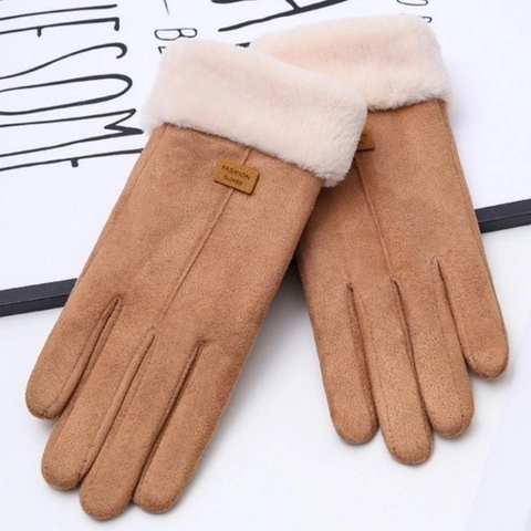 Women Winter Gloves Faux Suede Faux Fur Trim Thickened Fleece Lined Touch Screen Warm Windproof Solid Color Cute