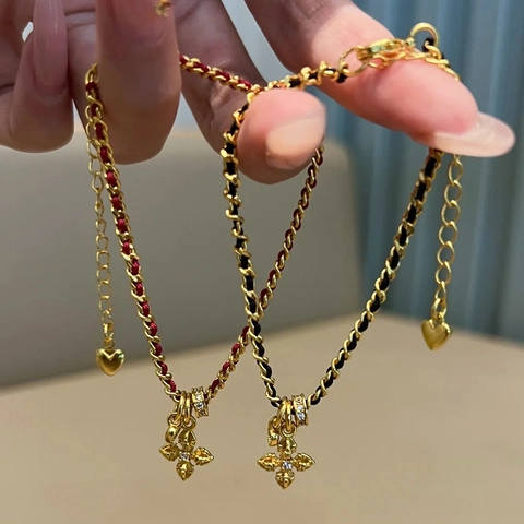 Vintage Kreuz Anhänger Armband Kupfer Mit Zirkon Herz Anhänger Verflochtene Satinnschnur Luxus Retro Schmuck Für Damen