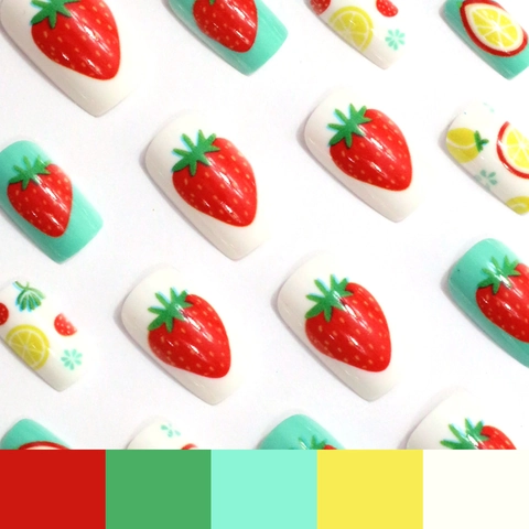 Frische Frucht Erdbeere Zitrone Muster Press On Nails ABS Kunststoff Mittlere Quadratische Künstliche Nägel Sommerstil Für Frauen