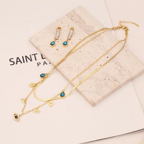 Gioielli Malocchio In Acciaio Inossidabile Collana Bracciale Orecchini Goccia Acqua Blu Zircone Stratificato Donna Boho