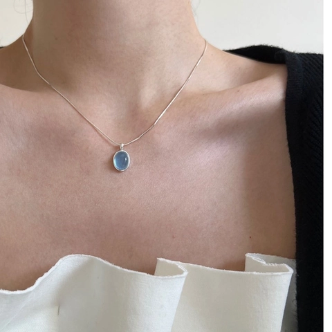Oval Aquamarine Moonstone Pendant Necklace Silver Plated Copper Snake Chain Elegant Jewelry For Women
