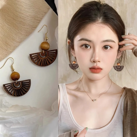 Holle Waaier Houten Hangeroorbellen Met Ronde Kraal Boheemse Retro Etnische Stijl Sieraden Voor Vrouwen Natuurlijk Hout Legering Haak
