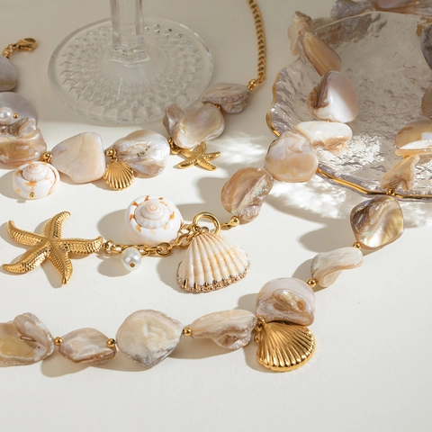 Juego De Collar Y Pulsera De Concha Y Estrella De Mar De Acero Inoxidable Chapado En Oro De 18K Joyas De Playa Para Mujeres