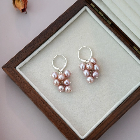 Natural Freshwater Pearl Grape Cluster Earrings Vintage French Style Elegant Silver Hoop Jewelry For Women