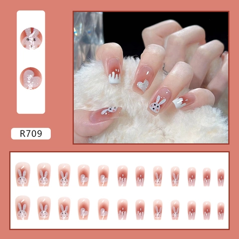Unghie Finte Rosa Blush Sfumato Dolce Coniglio Cuore Design Manicure Elegante Unghie Artificiali