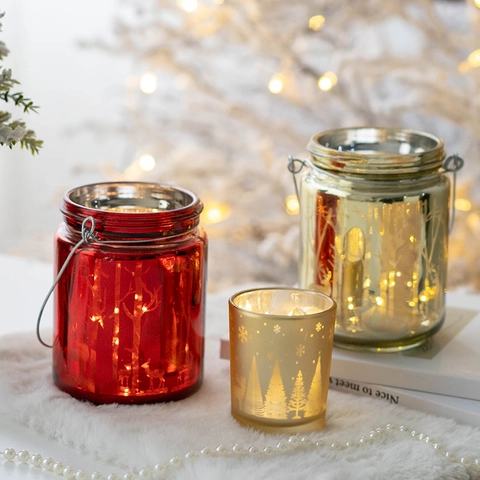 Christmas Glass Candle Holder Reindeer Forest Pattern Desktop Ornament Holiday LED Light Jar Lantern Decor Home Winter