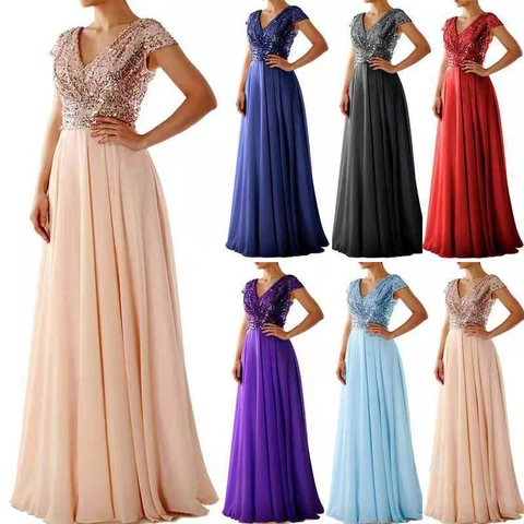 Sequin Chiffon Patchwork Evening Gown V-Neck Short Sleeve High Waist Maxi Dress Elegant Party Wedding Women Formal Dress