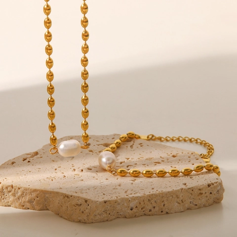 Collana E Bracciale Con Süßwasserperle D'acqua Dolce Acciaio Inossidabile Placcato Oro Gioielli Con Süßwasserperle D'oliva Per Donna