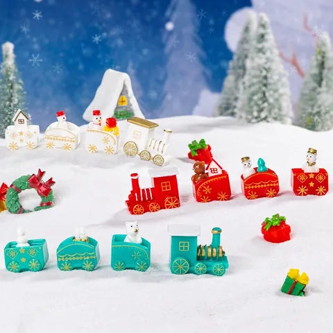 Christmas Miniature Ornaments Resin Tiny Train Snowman Bear Micro Landscape DIY Accessories Desktop Decorative Figurines