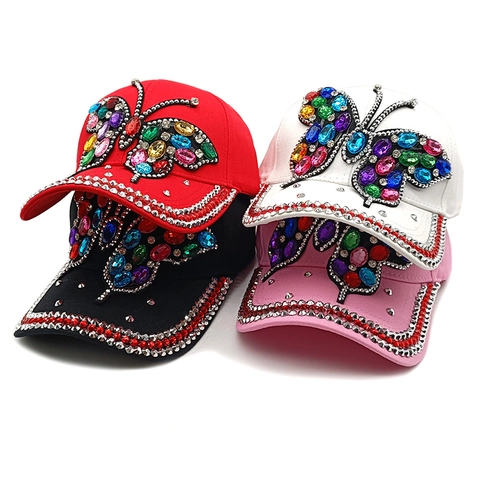 Damen Baumwolle Baseballkappe Mit Bunten Strass Schmetterling Muster Verstellbare Outdoor Mode Sonnenhut