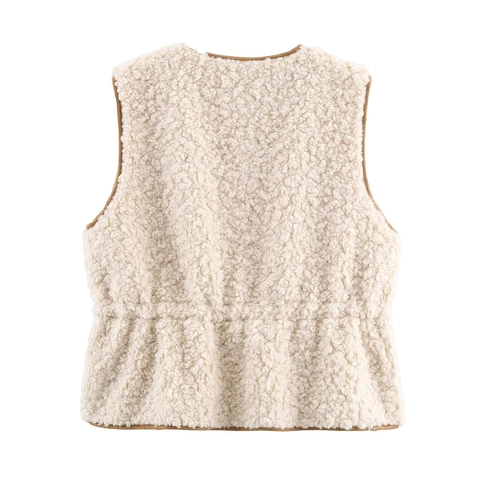Women Faux Lamb Wool Vest Round Neck Zip Up Adjustable Waist Sherpa Fleece Gilet Retro Casual Outerwear