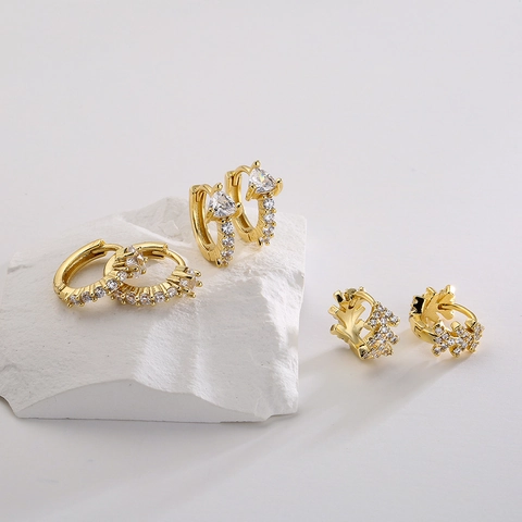 Koperen Zirkoon Mini Hoop Oorbellen 18K Verguld Kleine Huggie Ster Hart Peer Boom Geometrische Sieraden Voor Dames