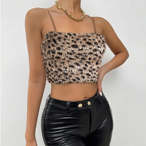Camisole Top Met Lovertjes En Luipaardprint Pluizig Kort Slim Fit Sexy Party Clubwear Damesmode