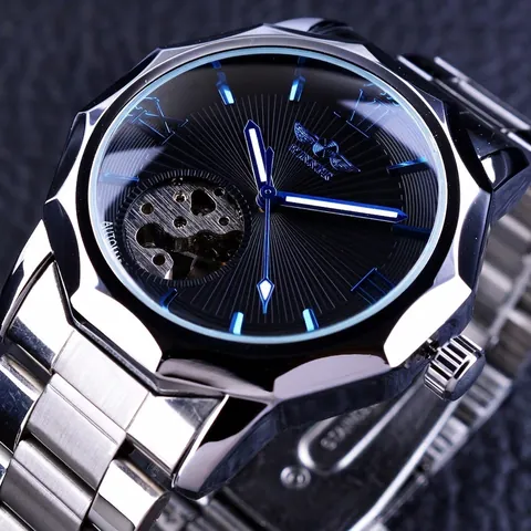 Men Automatic Mechanical Watch Skeleton Hollow Dial Luminous Hands Stainless Steel Case Geometric Fashion Wristwatch