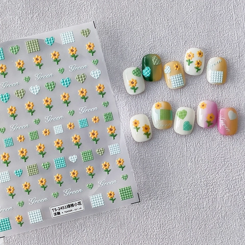 Adesivi Per Unghie 5D Rilievo Verde Scacchi Girasole Giallo Cuore Motivo PET Decalcomanie Goffrate Decorazione Manicure DIY