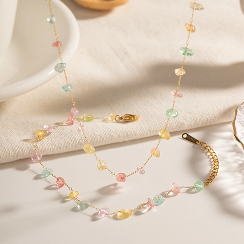 Natural Colorful Crushed Stone Beaded Necklace Bracelet Stainless Steel 18K Gold Plated For Women Boho Jewelry