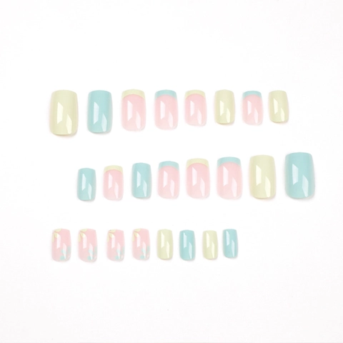 Unghie Finte Press On French Tip Motivo Floreale Macaron Giallo Blu Bloc Dolce Elegante Quadrato Per Donne