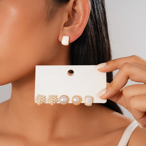 Elegant Geometric Alloy Imitation Artificial Pearl Enamel Flower Square Round Stud Earrings With Silver Earring Post For Women
