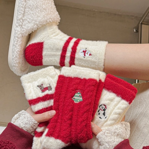 Calze Natale Donna Calde Pile Spesse Metà Polpaccio Inverno Casa Pavimento Ricamo Pupazzo Di Neve Babbo Natale