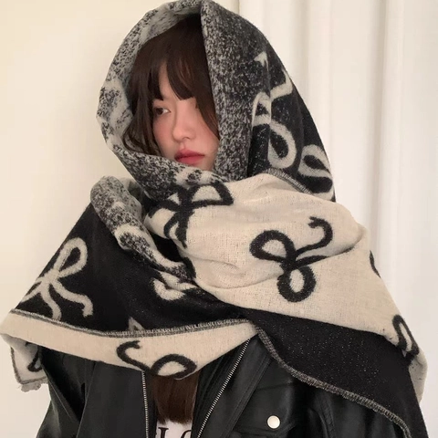 Écharpe en Tricot Épais Motif Nœud Papillon Femme Hiver Chaud Châle Imitation Cachemire Jacquard Avec Glands Style Coréen
