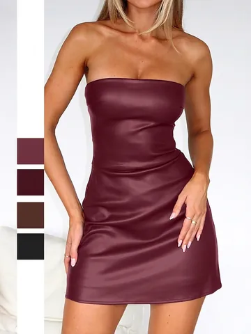 Vestito Mini Senza Spalline Sexy In Ecopelle PU Aderente Stile Y2K Streetwear Festa Club Per Donna