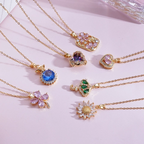 18K Gold Plated Titanium Steel Colorful Zirconia Pendant Necklace For Women Sunflower Heart Umbrella Clavicle Chain Jewelry