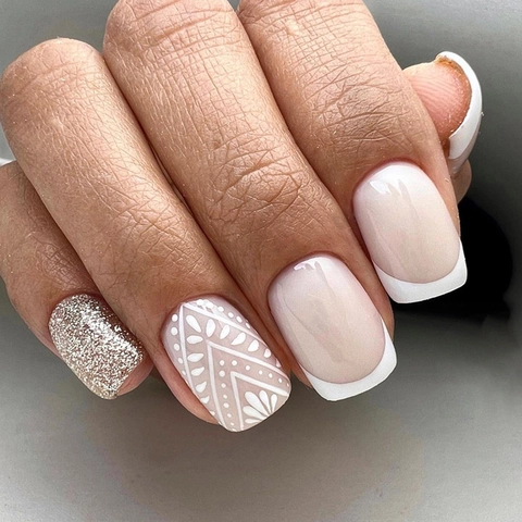 White French Press On Nails Baroque Mandala Totem Silver Glitter Square Oval Fake Nails For Women Elegant Luxury Style
