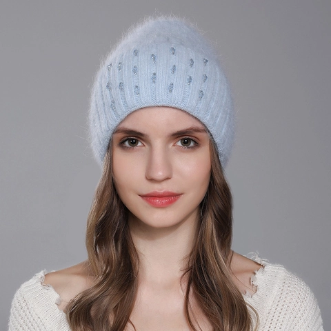 Damen Strickmütze Weiche Kaninchenhaar Kaschmirmischung Warme Wintermütze Strass Perlen Dekor Casual Stilvoll