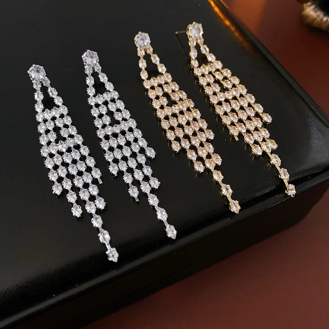Orecchini Lunghi A Nappa Per Donna Lusso Zircone Geometrico Cascata Lampadario Gioielli Per Orecchie Con Perno In Argento