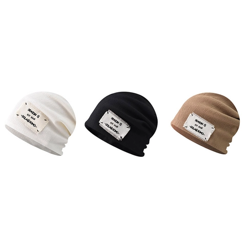 Knitted Beanie Hat Cotton Ribbed Slouchy Skull Cap With Patch Letter Vintage Style Outdoor Warm For Men Women