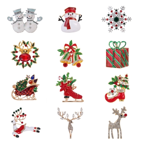 Christmas Brooch Reindeer Snowman Snowflake Bell Zinc Alloy Rhinestone Artificial Pearl Enamel Pin For Women Men Holiday Gift