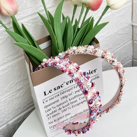 Künstliche Perlen Tweed Gewebtes Stirnband Süß Elegant Stoff Haarreif Für Damen Mädchen Frischer Stil Haarschmuck