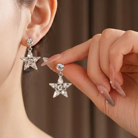Stern Anhänger Ohrringe Legierung Strass Funkelnd Mit Silbernen Ohrsteckern Chic Eleganter Schmuck Für Damen