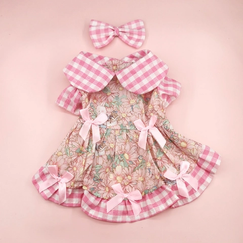 Rosa Kariertes Haustierkleid Im Lolita-Stil Mit Passender Kopfschleife Süßes Baumwollkleid Für Welpen Und Katzen Sommerbekleidung