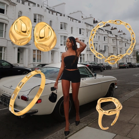 Stainless Steel Necklace Bracelet Earrings Ring Jewelry Gold Plated Zircon Geometric Minimalist Accessorie Women