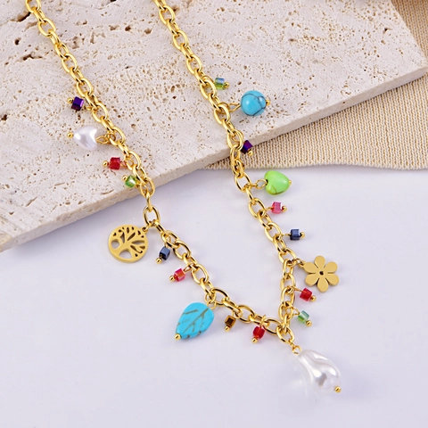 Stainless Steel Multi Element Artificial Pearl Turquoise Leaf Flower Heart Necklace Fashion Women Sweater Chain Jewelry