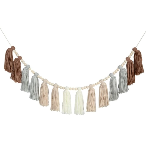 Ghirlanda Di Nappine Boho Con Perle Di Legno Filo Di Cotone Decorazione Murale Stile Nordico Per Cameretta Festa