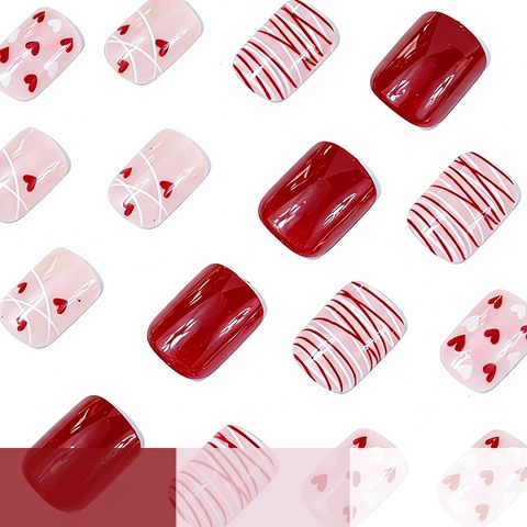 Glossy Short Square Press On Nails Valentine Red Heart Stripe Design ABS Plastic Artificial Fingernails