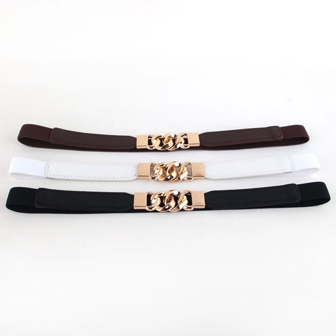 Cinturón De Cintura Elástico Delgado Para Mujer De Cuero Sintético Con Hebilla De Cadena Entrelazada Para Vestidos Camisas Versátil Elegante