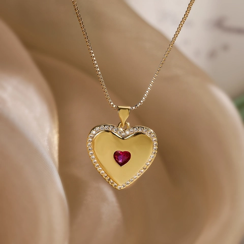 Herz Anhänger Halskette Kupfer 18K Vergoldet Zirkonia Herzförmiger Roter Edelstein Eleganter Schmuck Für Frauen