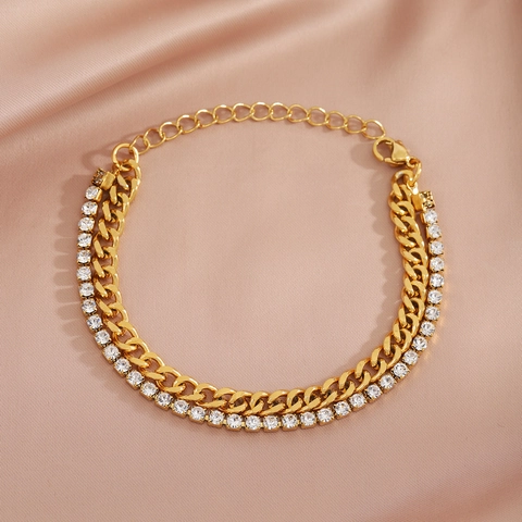 Double Layer Bracelet Stainless Steel Rhinestone Cuban Link Tennis Chain Adjustable Trendy Fashion Jewelry Unisex