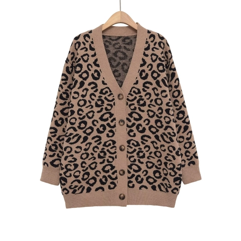 Damen Strickjacke Mit Leopardenmuster V-Ausschnitt Knopfleiste Locker Langarm Jacquard Strickpullover Freizeit Oberbekleidung