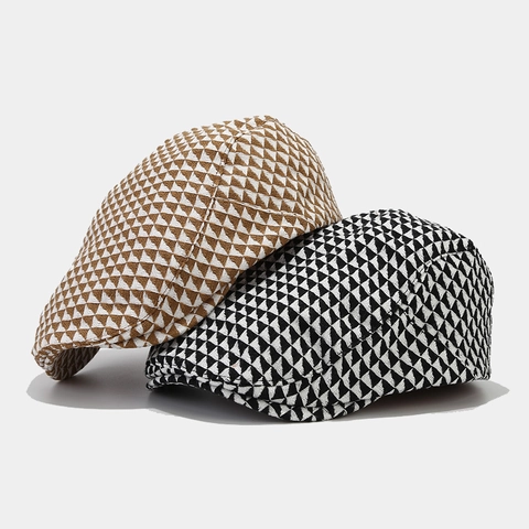British Retro Ivy Cap Geometric Triangle Pattern Polyester Flat Hat Vintage Newsboy Cap For Men Women