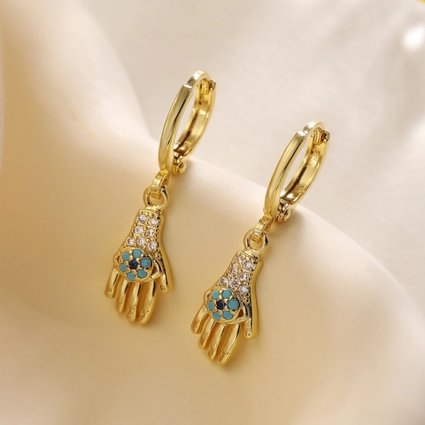 Pendientes de Gota de Cobre Chapado en Oro de 18K Ojo Turco Corazón Mano De Fátima para Mujer Vintage Circonia Joyería