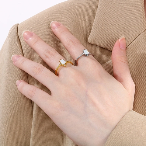 Minimalist Square Opal Ring Stainless Steel With Rhinestones Geometric Fashion Jewelry For Women