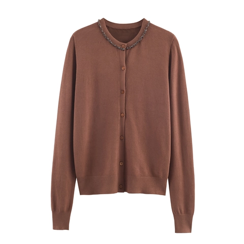Women Round Neck Long Sleeve Knit Cardigan Sweater With Beaded Neckline Buttons Solid Color Casual Elegance