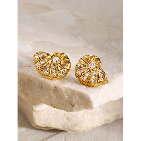 Boucles D'oreilles Puces Coquille Acier Inoxydable Plaqué Or 18K Avec Strass Étanche Hypoallergénique Bijoux Pour Femmes